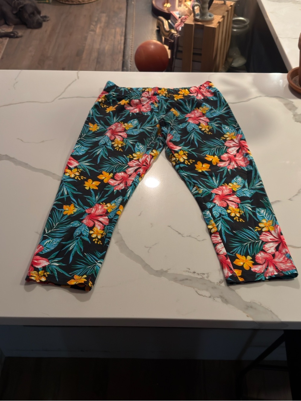 No Boundaries Black Tropical Floral Capri Leggings with Pink & Yellow Flowers
